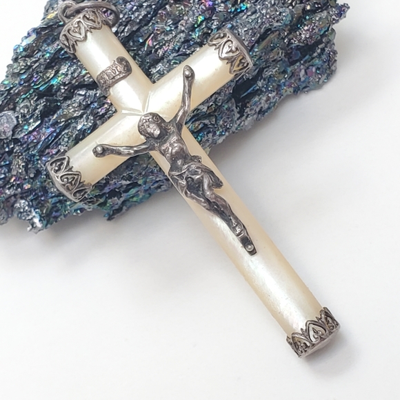 Antique French Mother of Pearl Cruxific 1800 Pendant Sterling Silver Large - Picture 1 of 11